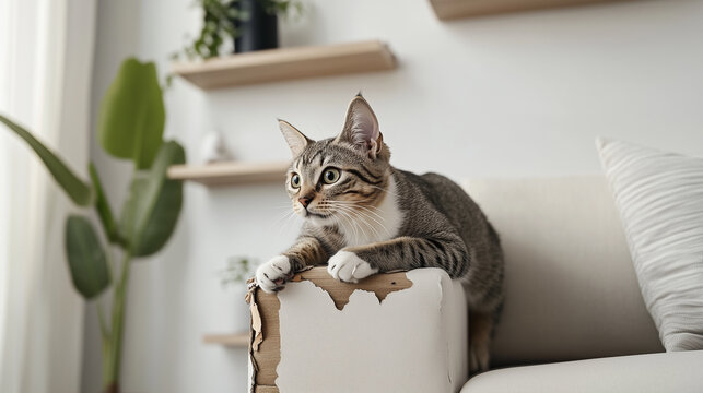 Curious tabby cat with white paws claws beige sofa in modern living room with green plants and wooden shelves, showing playful and mischievous behavior indoors