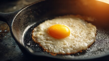 Close-up of a sunny side up fried egg cooking in a black skillet with oil and bright sunlight coming through