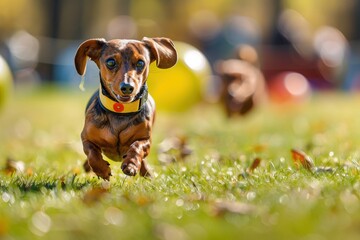 A man and a Dachshund duo winning a local dog race.