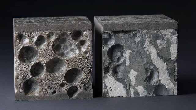 Identical cubic samples of aluminum foam core showcase their porous structure before and after undergoing shock peening treatment, highlighting the textural changes resulting from this process