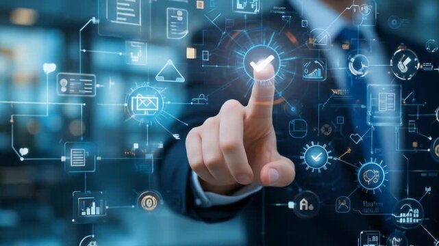 Workflow and flowchart. Business process automation BPA technology. Businessman touching check mark and gear icon on flowchart. 4k video
