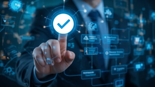 Workflow and flowchart. Business process automation BPA technology. Businessman touching check mark and gear icon on flowchart. 4k video