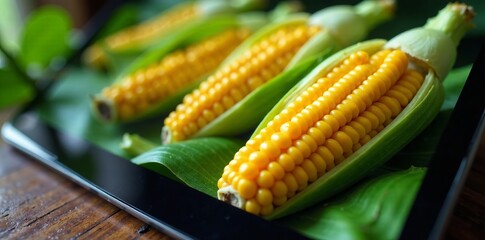 Close-up of tablet screen displaying corn growth patterns , farming, efficiency, analytics