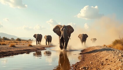 Elephants running in dry riverbed with dust clouds, animal migration, wild animals, dry riverbed
