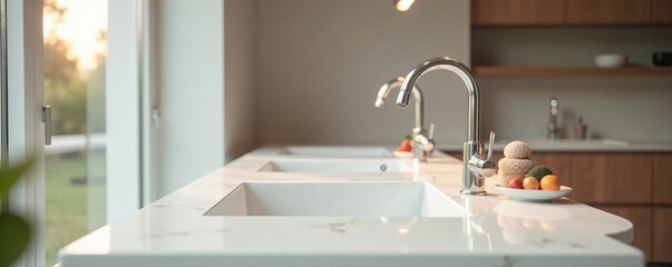 Empty space on a luxury white tabletop with sleek faucets and soft lighting, luxury bathroom decor, , modern sink