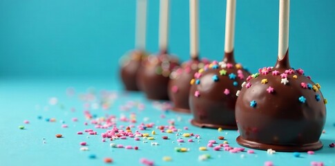 Individual chocolate cake pops in a row on a vibrant blue surface adorned with edible glitter and confetti , decoration, art, decor