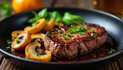 Pan-seared venison steak with caramelized autumn mushrooms , venison, mushroom, pan-seared