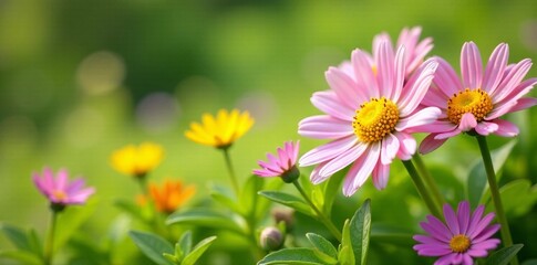 Pink and white daisies swaying gently in a breeze, surrounded by lush green grass and colorful wildflowers , white daisies, nature scenery, flower field