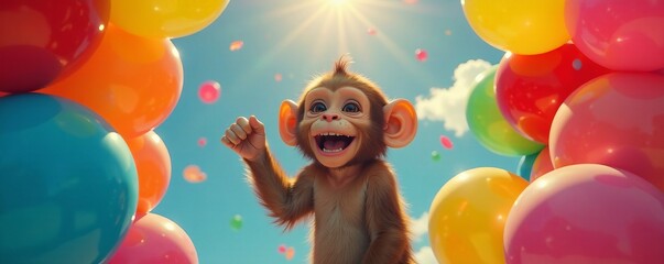 Playful monkey surrounded by colorful balloons, celebration, whimsical, colorful