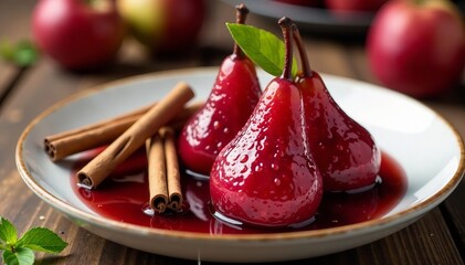 Poached pears in red wine syrup with cinnamon sticks, golden brown, pear, still life