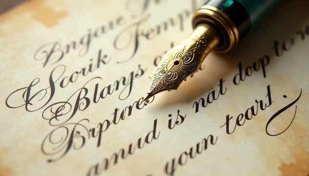 Ornate copperplate fountain pen on aged paper , old documents, historical, gold foil