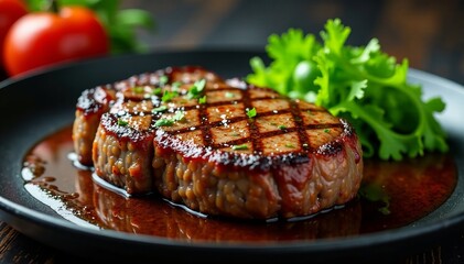 Sear steak on hot skillet with sizzling sauce and fresh greens on side, savory, ingredients, steak