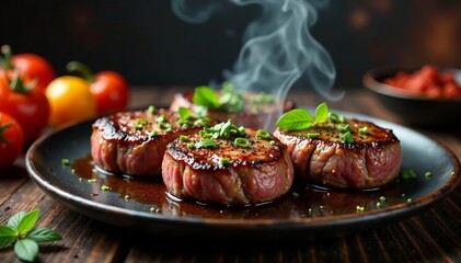 Sizzling beef steaks with spices hovering above flames, spices, barbecue, food