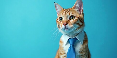 Serious handsome cat with blue tie on light blue background - Science Education Stock Photo, science concept, study, thinking