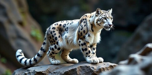 Sleek snow leopard with long tail, blending into rocky terrain, rocky habitat, wild animals, animal photos