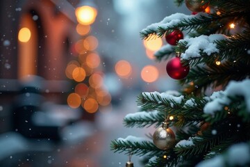 Snowfall on Christmas tree with blurred bokeh banner, Decoration, Tree, New Year