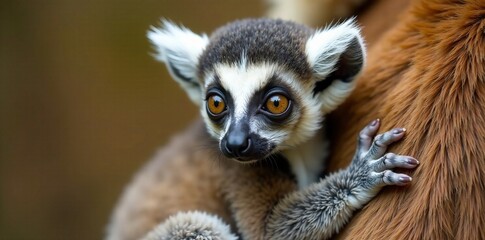 Tiny Lemur catta infant clinging to mother's fur , leafy tree, lemurs, mother