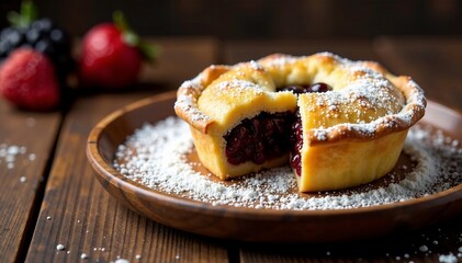 Traditional British mince pie on wooden platter with sparkling powdered sugar , holiday treat, powdered sugar, woodland style