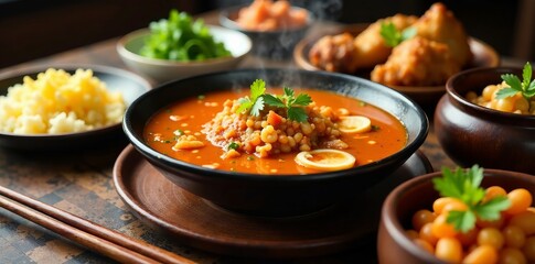 Traditional Korean table setting with kimchi soup, fried chicken, and various side dishes , spicy food, rice cake, kimchi