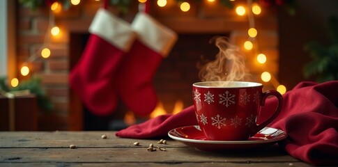 Warm glow of firelight on Christmas stockings and hot cocoa mug , christmas, festive, hot cocoa