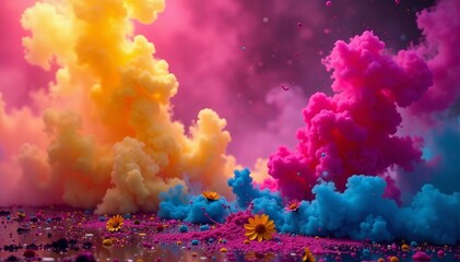 Vibrant smoke swirls around a colorful holi celebration with flowers and lanterns dancing in the air , holi celebration, festive scene, bright colors