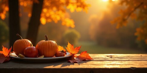warm golden light shines on autumnal table setting, holiday, autumn, wine