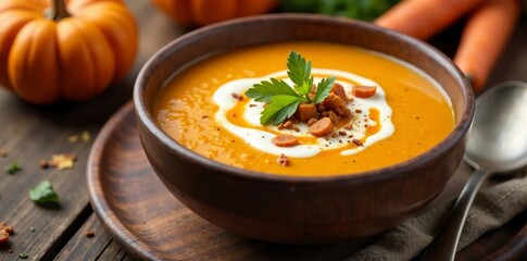 Warm Autumn soup in a rustic bowl with pumpkin and carrot cream, autumn, wooden table, autumnal