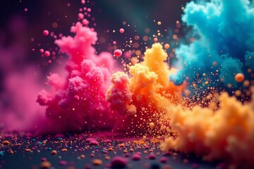 Vibrant hues of dust particles suspended in mid-air, creating a mesmerizing explosion of color , paint, holi festival, festive atmosphere