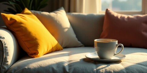 Warm lighting on a comfortable couch with pillows and a cup of coffee in the background, relaxing atmosphere, living room, interior design