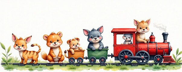 Watercolor illustration of cute animals on a train, cute animals, friendly animals, watercolor art