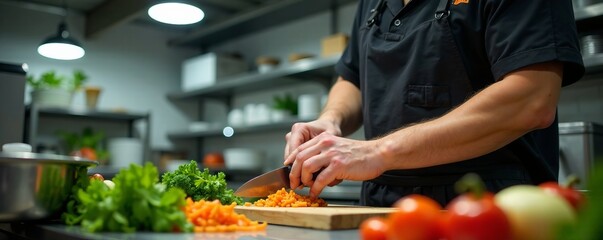 Young migrant chopping vegetables in fast-paced kitchen environment, young adult, migrant, industrial kitchen