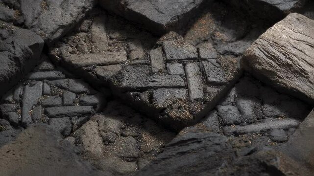 Kiln light revealing intricate patterns, trapped carbon dioxide pockets creating complex textures on dark gray interlocking basalt tile surfaces with geometric precision