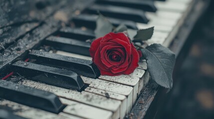 Red rose bouquet resting on old piano keys, cherished musical memory