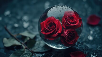 Red rose bouquet frozen in time within a crystal sphere, eternal cherish visualization