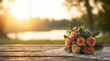 Romantic picnic setup with bouquet placed carefully on a lace cloth, thoughtful love scene
