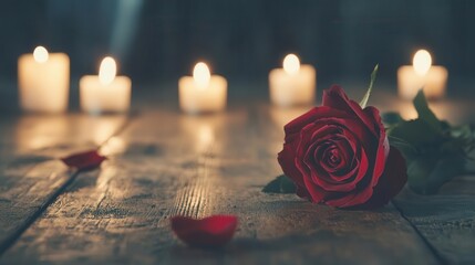 Cherishing a moment alone with a red rose bouquet under soft candlelight, introspective romance