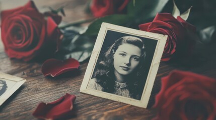 Cherished memory captured in a vintage photo beside a fresh red rose bouquet, nostalgic atmosphere