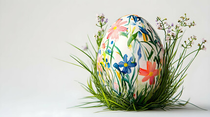 Festive Easter egg nestled in lush green grass with spring flowers. Bright, cheerful seasonal decoration isolated on white background.
