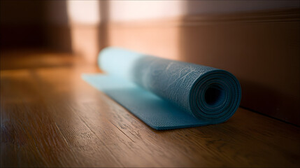 A yoga mat on a wooden floor bathed in morning light, embodying peace and simplicity.