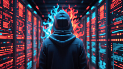Mysterious Hacker vs AI Firewall – Dark Cybersecurity 3D Render in 4K