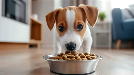 dog eating from metal bowl filled with dry food on wooden floor scene captures pet focus and enjoyment during mealtime showcasing warm and homely atmosphere