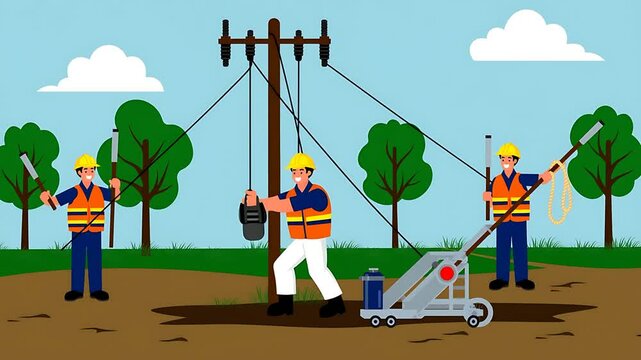 Utility Workers Maintaining Power Lines:  A Flat Illustration