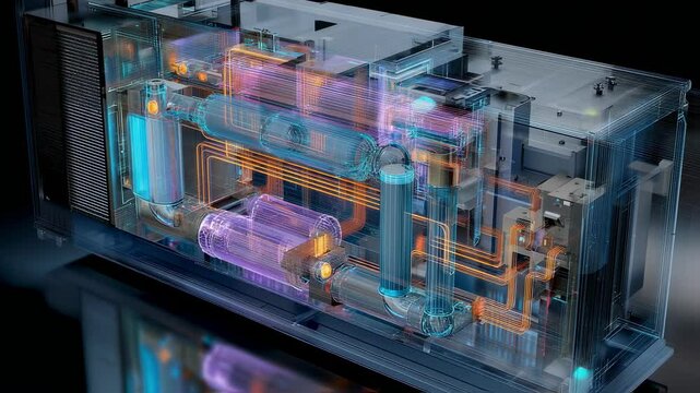 Complex network of filters and sensors maximizing co2 absorption is showcased within a transparent heat pump, revealing innovative carbon capture technology