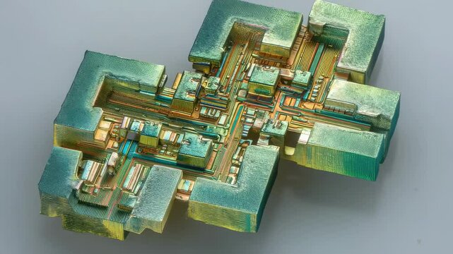 Semiconductor technology rotating, revealing intricate details of microstructures and surface textures achieved through advanced ultrasonic casting techniques, isolated on a white background