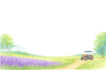 富良野のラベンダー畑とトラクターを描いた夏の田園風フレーム（水彩・中央余白・透過PNG）