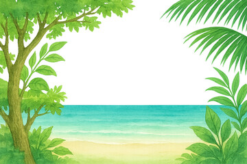 ターコイズブルーの海と椰子の葉が彩る南国フレーム（水彩・中央余白・透過PNG）