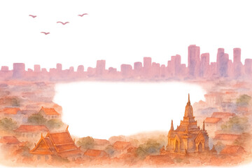 バンコクの夕焼けと寺院・高層ビルを描いた都市風フレーム（水彩・中央余白）