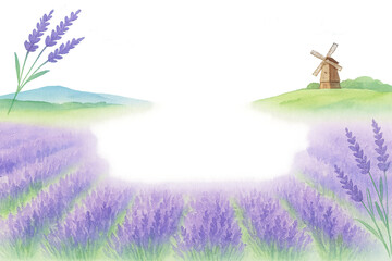ラベンダー畑と風車を描いた夏の北海道風景フレーム（水彩・中央余白・透過PNG）