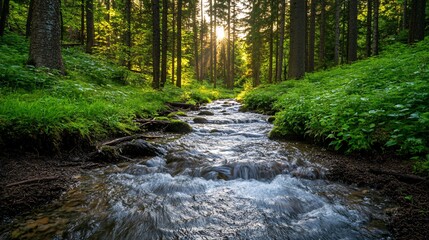 Sunset Stream with Forest, and Nature.