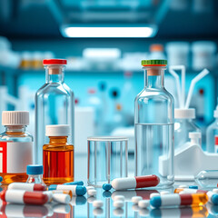 Bottles for pharmaceutical and healthcare medicines and drug research laboratory concept with copy space area